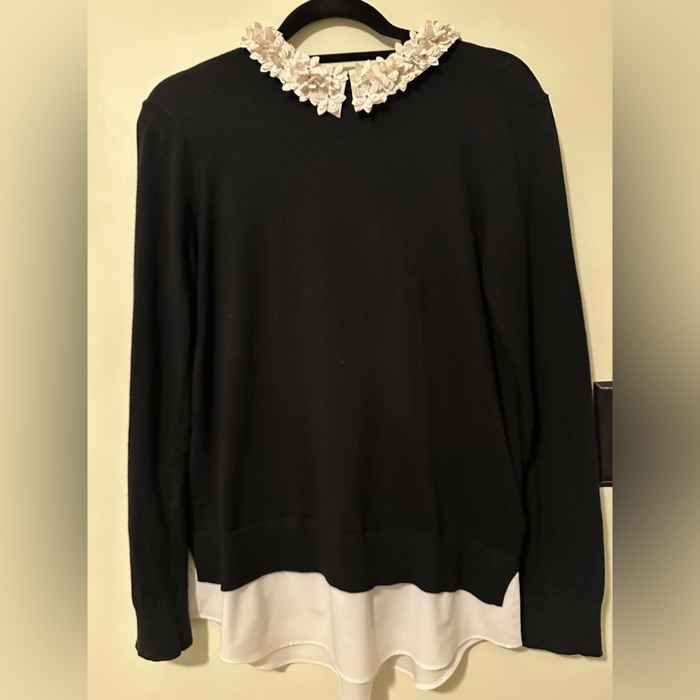 Ted Baker Black Top with White Floral Appliqué Collar